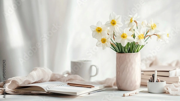 Fototapeta Realistic home interior with decor elements, featuring a black frame mockup and a vase of spring flowers on a light background, perfect for showcasing artwork or interior design themes.


