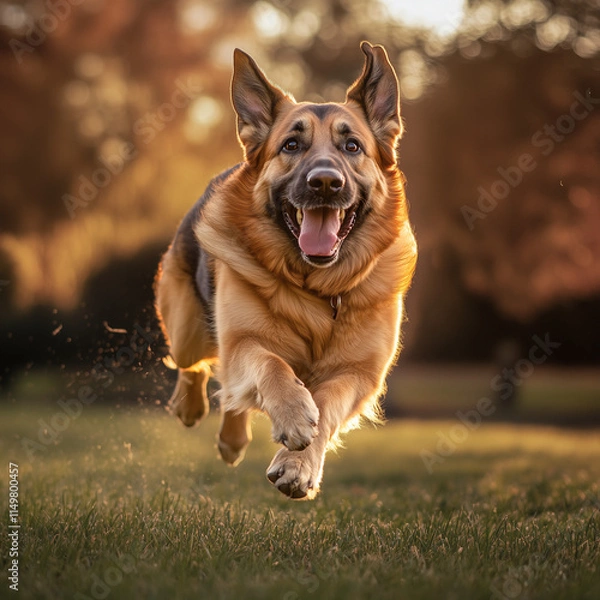 Fototapeta Close-up taken from below of a German shepherd running across the lawn.