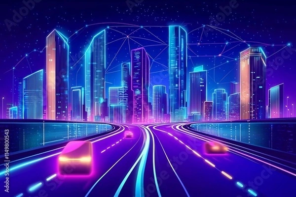 Fototapeta Futuristic Cityscape at Night with Glowing Skyscrapers Neon Lights and Flowing Traffic on Elevated Roads