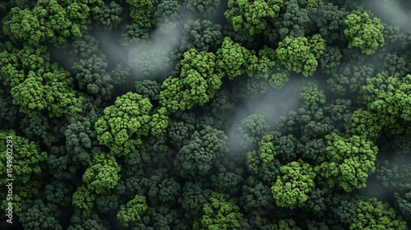 Fototapeta Aerial view of fog rolling over dark pine forest trees