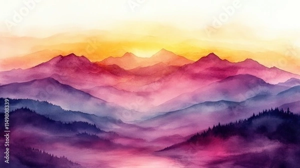 Fototapeta Vibrant watercolor painting of a majestic mountain range at sunset, layers of mountains and fog in purple, pink, orange and yellow hues.