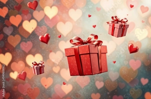 Fototapeta Gift boxes of different sizes, hovering on the air, Valentine's Day, February 14, multi-colored background, floating hearts, golden shimmer, horizontal banner, post card.