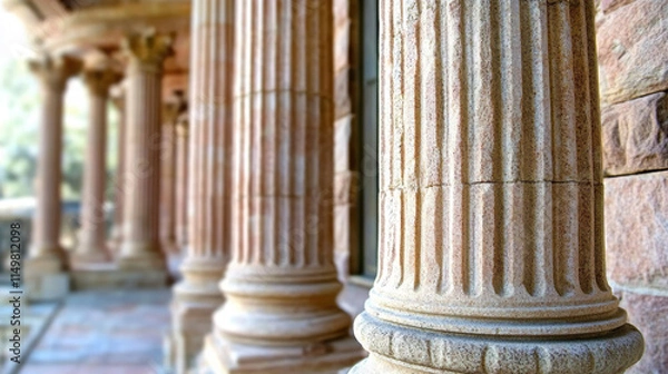 Fototapeta Elegant stone columns with intricate carvings line historic building facade, showcasing architectural beauty and craftsmanship