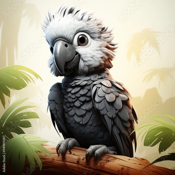 Obraz 
illustration, perroquet, animaux de la jungle, dessin enfants, mignon, tout-petits, adorable, joli, fun, coloré, arrière plan noir et blanc