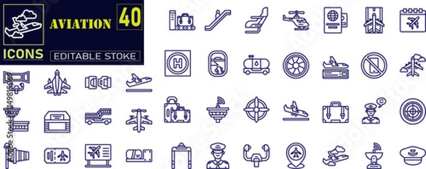 Fototapeta Aviation icon line. Flight Navigation, Airplane Cockpit, Pilot Uniform icons .