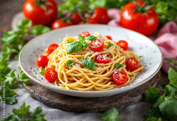 Fototapeta Spaghetti Delight: A vibrant dish of spaghetti, garnished with bright red cherry tomatoes, fresh green basil leaves, sprinkled with grated cheese and black pepper, against a softly blurred background.