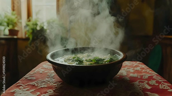 Fototapeta Steaming Bowl of Soup, Culinary Still Life Illustration