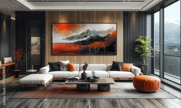 Fototapeta Stylish living room blending modern design with wabi-sabi aesthetics and natural elements