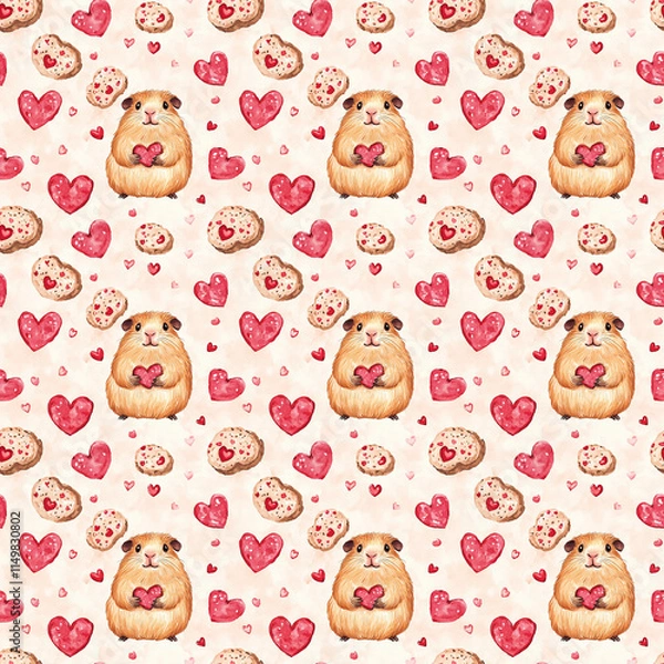 Obraz Valentine's day watercolor seamless pattern of cute guinea pigs and hearts whimsical design cheerful atmosphere