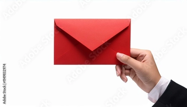 Fototapeta Hand holding envelope - Hand holding a red envelope isolated white background