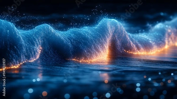 Fototapeta Glowing Blue and Orange Particles Wave Abstract Background