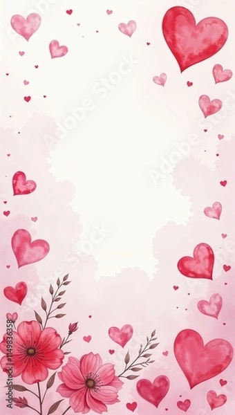 Fototapeta Vertical frame of hearts and flowers, with free space for text in the middle, white background, for Valentine's Day, anniversaries, congratulations.