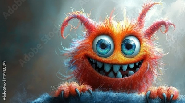 Obraz Orange monster, big eyes, sharp claws, smiling.