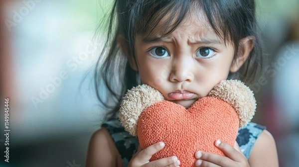 Fototapeta A young girl with a concerned expression holds a soft heart-shaped toy, conveying emotions of sadness and longing.