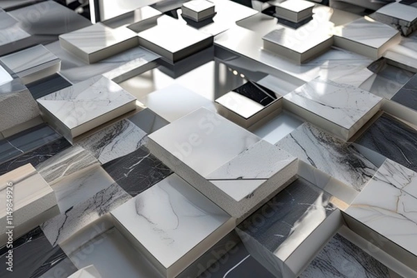 Fototapeta A set of precision-cut ceramic stones arranged in a geometric pattern, polished and reflective surface, marble-inspired texture, vibrant white and grey tones,generative ai