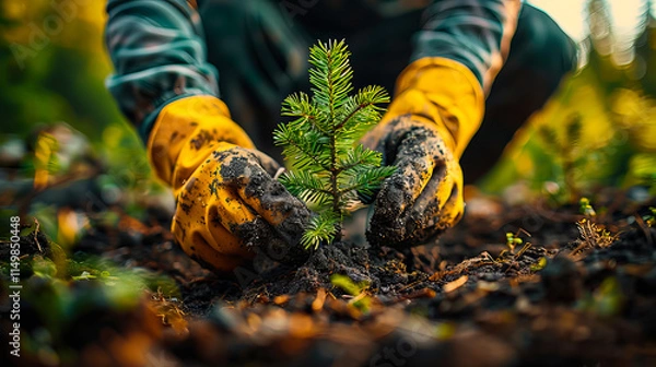 Fototapeta Gardener wearing protective gloves carefully planting a young seedling in soil, emphasizing sustainable practices and care for the environment.
