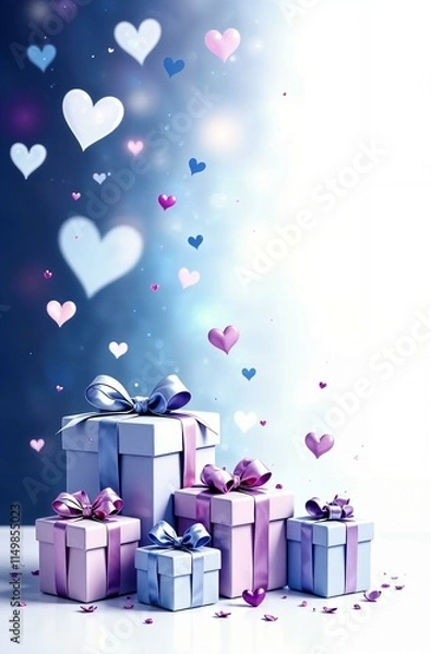 Fototapeta Vertical frame with gift boxes of different sizes, on a white table, on a white lilac purple background of hearts, with space for text on the right, banner, postcard.