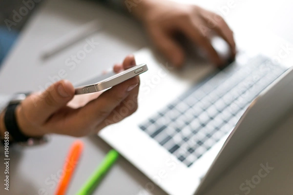 Obraz Man holding Telephone and working on Laptop