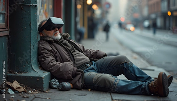 Fototapeta Homeless man rests on sidewalk wearing virtual reality headset in urban setting during early morning hours