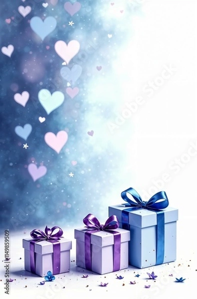 Fototapeta Vertical frame with gift boxes of different sizes, on a white table, on a white lilac purple background of hearts, with space for text on the left, banner, postcard.