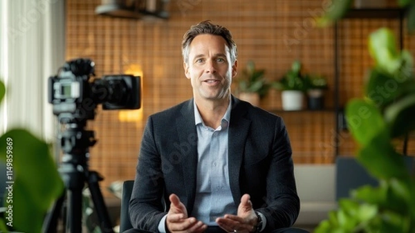 Fototapeta Professional man speaking in front of a camera with green plants in the background.