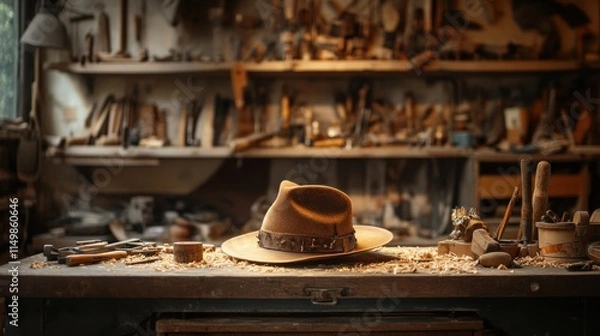 Fototapeta A brown fedora hat sits on a workbench in a cluttered woodworking workshop.