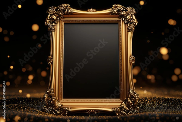 Fototapeta close up of ornate gold frame mock up with blank center, perfect for showcasing art or photos. background sparkles with golden bokeh