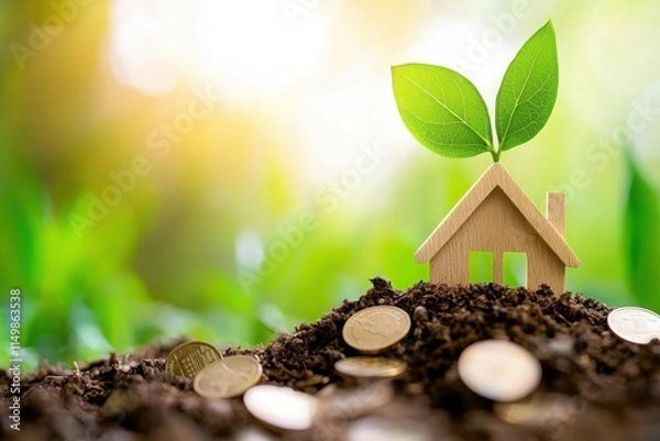 Fototapeta Sustainable growth of a house with a plant garden symbolic representation natural setting close-up view eco-friendly concept