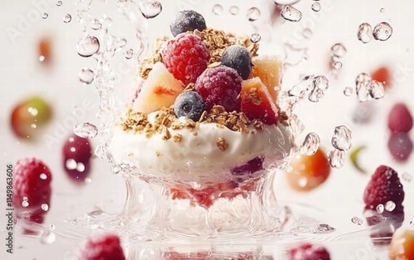 Fototapeta Floating fruits and yogurt parfait with granola elegantly frozen
