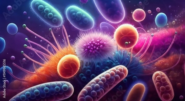 Fototapeta Colorful microscopic view of bacteria and microorganisms in vibrant detail