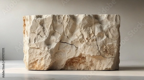 Fototapeta A solitary, imposing limestone block, worn by time, with intricate networks of weathering marks, cracks, and rough, organic textures, showcasing muted, earthy beige tones,generative ai