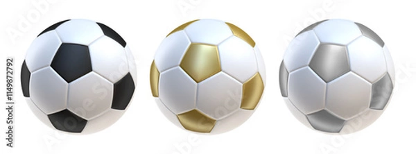 Fototapeta white soccer balls 3d icons. Balls with black gold and silver colors inserts. 3d vector render Symbol or emblem football . Vector illustration