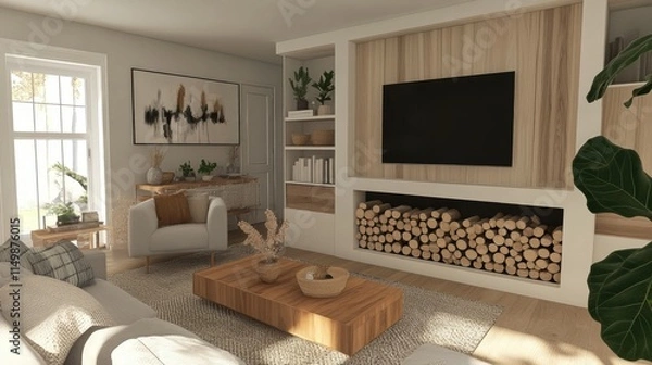 Fototapeta A contemporary Scandinavian living room with a built-in wood storage fireplace, neutral decor, and soft textures for a cozy atmosphere