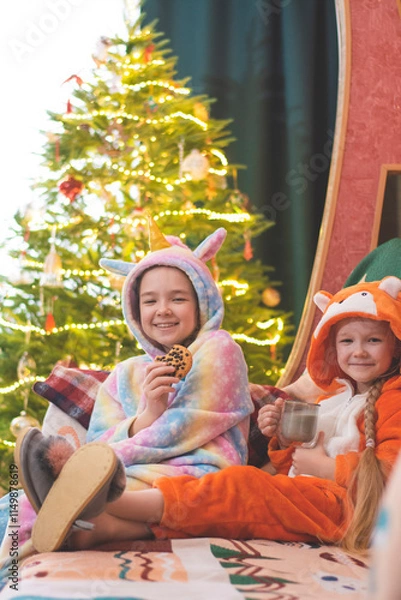 Obraz Christmas, New Year's photo. The children of a girl dressed as a unicorn and a fox cub are sitting on the couch, smiling, drinking milk and eating cookies.