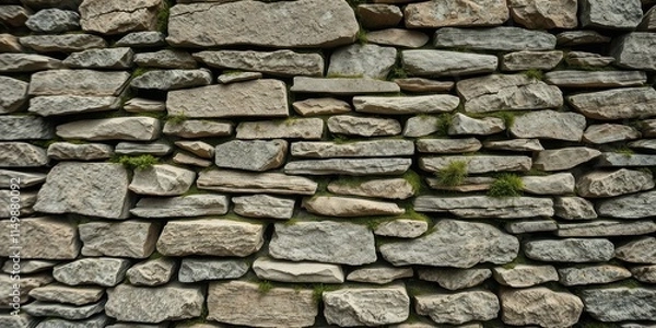 Fototapeta A rustic stone wall texture featuring irregularly shaped stones and patches of vibrant green moss