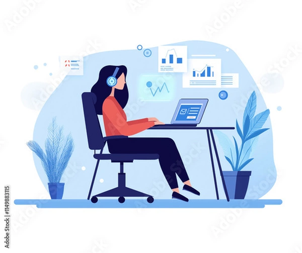 Fototapeta A woman with headset working on laptop in an office, artwork in a transparent background 