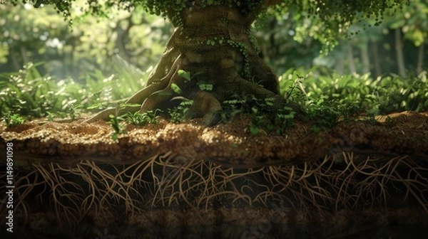 Fototapeta Tree foundation - complex underground network Maximizes moisture absorption, plant structure, underground connections.