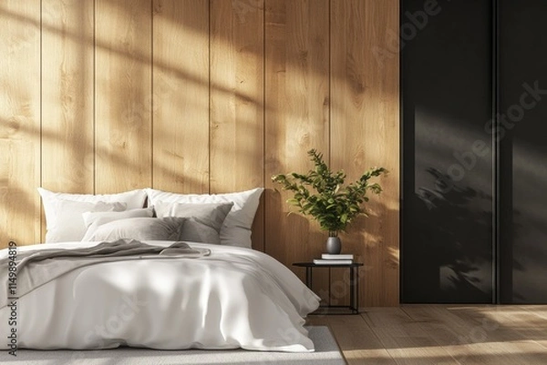 Fototapeta A bedroom with a wooden wall and a bed with white sheets