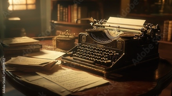 Obraz vintage typewriter surrounded by documents on a table, the warm lighting bringing out the textures and shadows