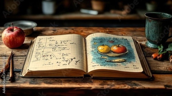 Fototapeta Open sketchbook, apples, notes, rustic setting.
