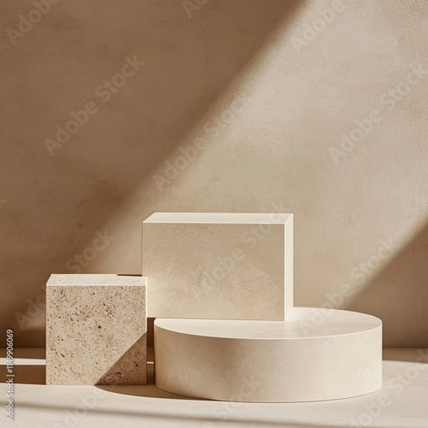 Obraz Minimalist beige stone podiums on neutral background.
