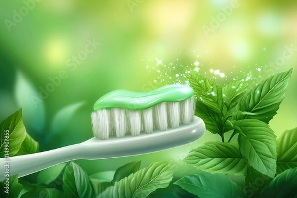 Fototapeta Green Mint Toothpaste On Toothbrush With Leaves