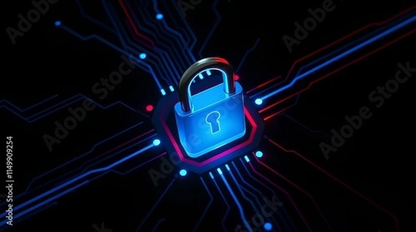 Fototapeta Digital Security Lock with Circuit Network Connections - Technology Background