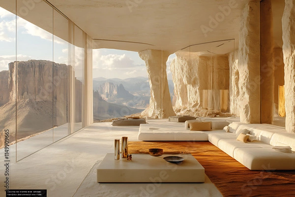 Fototapeta Stunning Minimalist Desert Cliffside Home Architectural Design with Panoramic Mountain Views