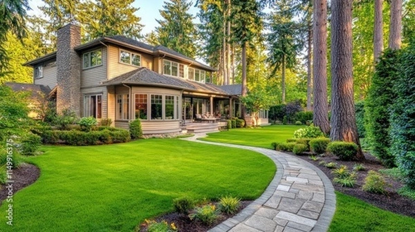 Fototapeta Luxurious Home Backyard Landscape Design Featuring Stone Pathway