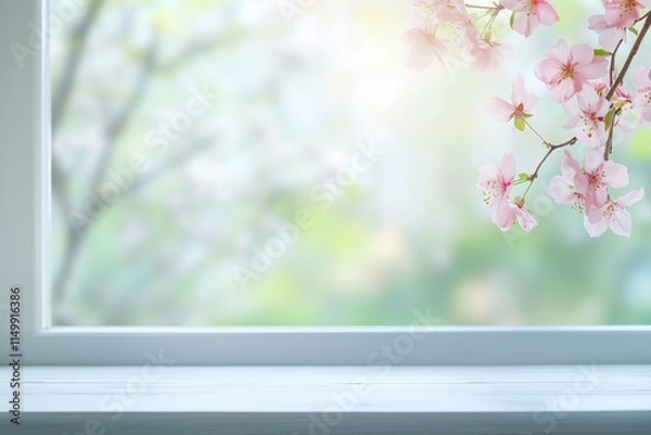 Obraz Spring blossoms on windowsill, blurred garden view.