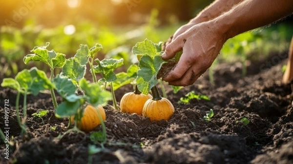 Fototapeta A pair of hands carefully tends to small pumpkins growing in a garden, bathed in the golden light of sunset. The scene captures the nurturing process of gardening during harvest season.. AI Generation