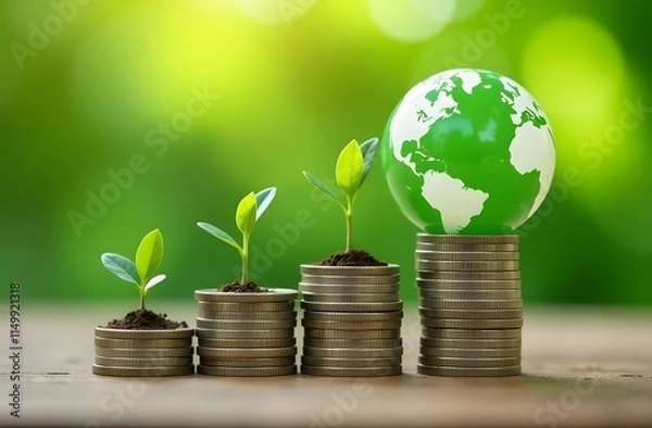Fototapeta Green planet Earth with coins and sprouts on a green background, business growth concept