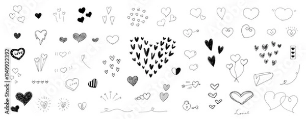 Fototapeta 手書きのハートイラストコレクション。かわいい漫画エフェクトのアイコンセット。バレンタインイメージの落書き。