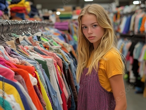 Fototapeta Young girl carefully sorts through piles of donated clothes in a vibrant thrift store on a bright afternoon